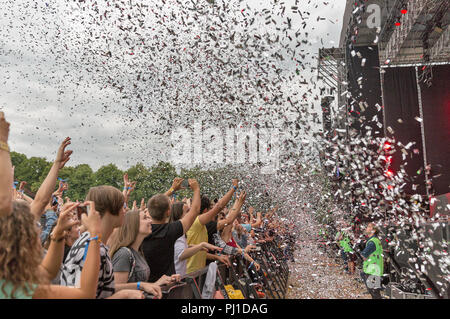 KIEV, UKRAINE - JULY 04, 2018: Young fans crowd enjoy Belgian DJ Lost Frequencies live performance at the Atlas Weekend Festival in National Expocente Stock Photo