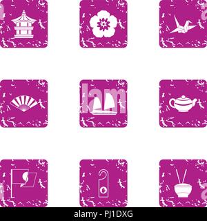 Asian aesthetic icons set, grunge style Stock Vector