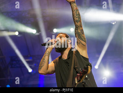 KIEV, UKRAINE - JULY 04, 2018: American Christian metal rock band Skillet and John Cooper, lead vocalist and bass guitarist performs live at the Atlas Stock Photo