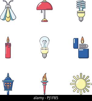 Illumination icons set, cartoon style Stock Vector