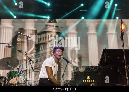 KIEV, UKRAINE - JULY 06, 2018: Benjamin Clementine, English artist, poet, vocalist, composer and musician performs live at the Atlas Weekend Festival  Stock Photo