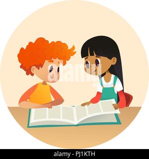Boy and girl reading book and talking to each other at school library. School kids discussing story in round frames. Cartoon vector illustration for banner, poster. Stock Vector
