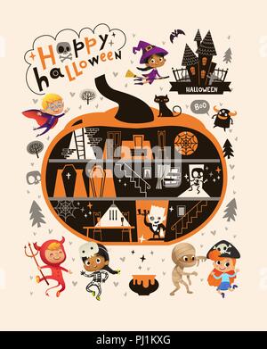 Halloween Party Design template with the hand drawn lettering within a pumpkin. Fairy map location with the graveyard, cute zombies, ghosts and skeletons and trees on a background. Vector illustration Stock Vector