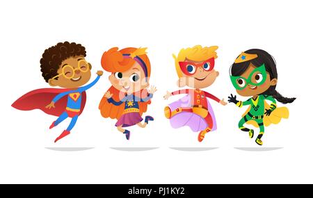 Multiracial Boys and Girls, wearing colorful costumes of superheroes, happy jump. Cartoon vector characters of Kid Superheroes, isolated on white background. for party, invitations, web, mascot. Stock Vector