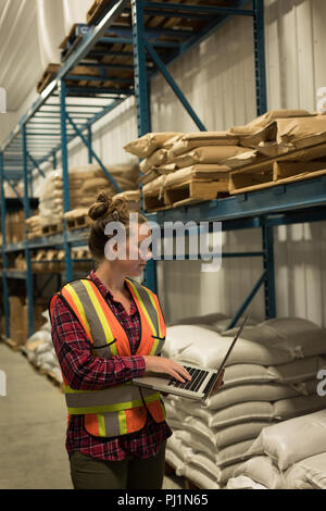 Female worker using laptop at  warehouse Stock Photo