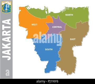 Colorful Jakarta administrative and political map with coat of arms. Stock Vector