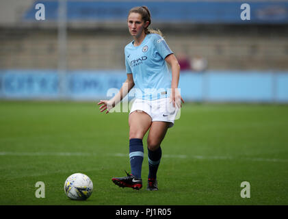 Manchester City Women's Abbie McManus during the Continental Tyres Cup, Group One North match at the Academy Stadium, Manchester Stock Photo