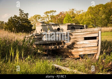 Abandoned old boat on dried river bank with undergrowth and nesting birds Stock Photo
