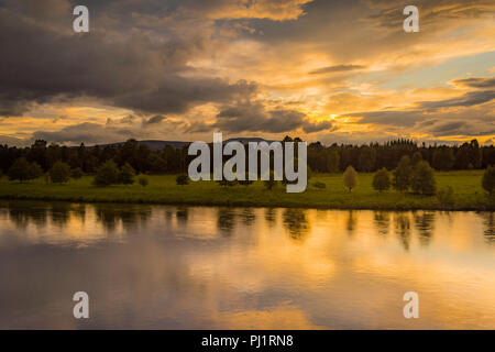 Sun Setting Over River, Scotland Stock Photo