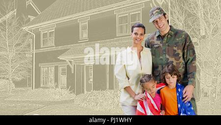 Military soldier family in front of house drawing sketch Stock Photo