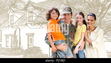 Military soldier family in front of house drawing sketch Stock Photo