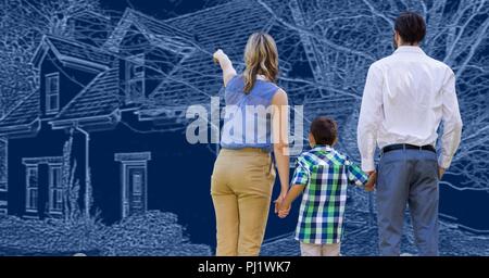Family in front of house drawing sketch Stock Photo