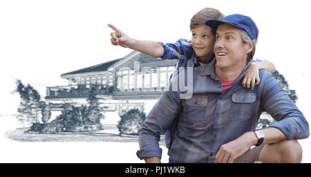 Father and son in front of house drawing sketch Stock Photo