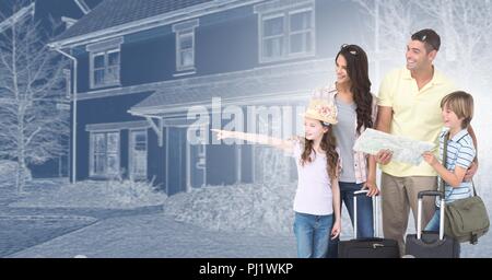 Family in front of house drawing sketch with luggage Stock Photo