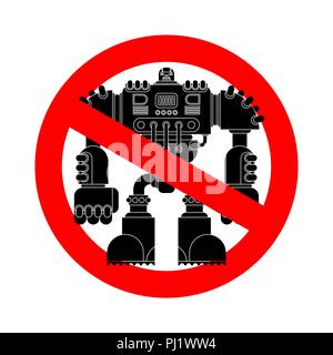 Stop Robot Battle. Forbidden red road sign. No Cyborg warrior future. Ban Vector illustration. Stock Vector