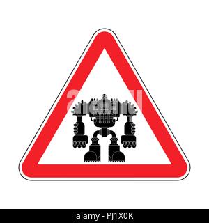 Attention Robot. Caution red road sign Cyborg warrior future. Vector illustration. Stock Vector
