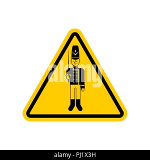 Attention Toy soldier. Caution yellow road sign Guardsman plaything. Vector illustration. Stock Vector