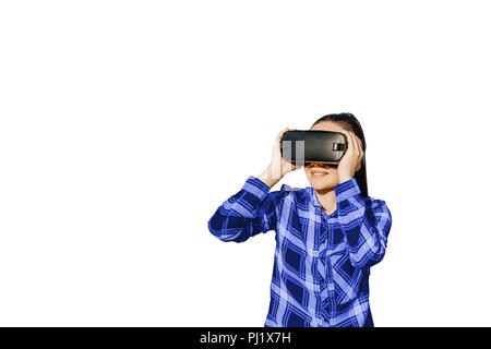The woman with glasses of virtual reality isolated on white background. Future technology concept. Modern imaging technology. Stock Photo