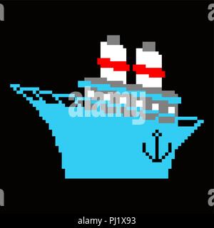 Ship pixel art. 8 bit Steamboat vector illustration. Blue boat Stock Vector