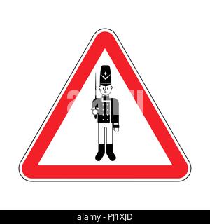 Attention Toy soldier. Caution red road sign Guardsman plaything. Vector illustration. Stock Vector
