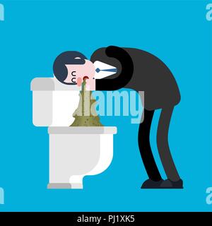 Vomit man in toilet. Puke Vector illustration. Retching cartoon. Vomitus Stock Vector