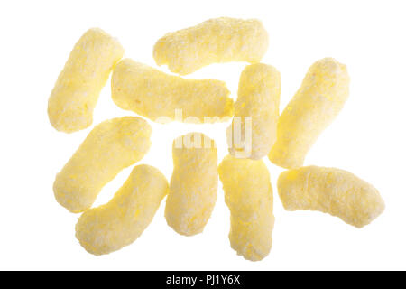 Sweet crunchy corn sticks or snacks isolated on white background. Top view. Flat lay. Stock Photo