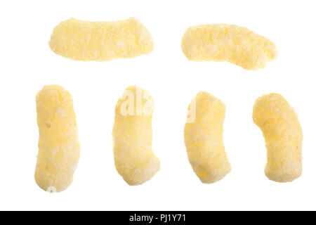 Sweet crunchy corn sticks or snacks isolated on white background. Top view. Flat lay. Stock Photo