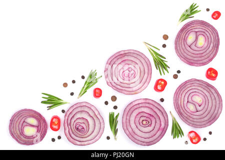 Sliced red onion rings with rosemary and peppercorns isolated on white background with copy space for your text. Top view. Flat lay pattern. Stock Photo