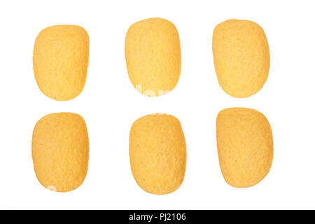 potato chips on white background close-up. Top view. Flat lay. Set or collection. Stock Photo