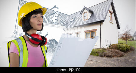 Composite image of female architect holding blueprint against white background Stock Photo