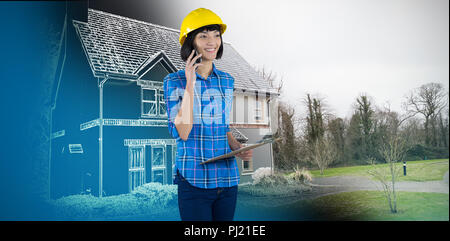 Composite image of female architect talking on mobile phone Stock Photo