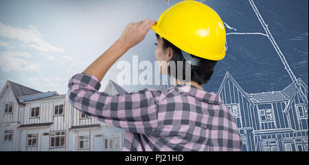 Composite image of female architect wearing hard hat against white background Stock Photo