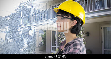Composite image of female architect wearing hard hat and safety glasses against white background Stock Photo