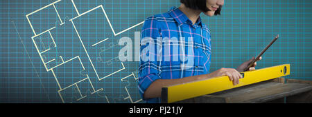 Composite image of female architect measuring plywood with engineer scale Stock Photo