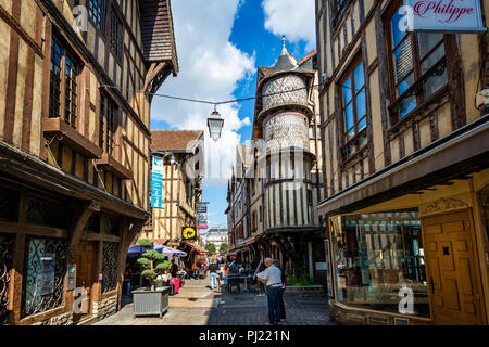 Turreted medieval bakers house in historic centre of Troyes with half timbered buildings in Troyes, Aube, France on 31 August 2018 Stock Photo