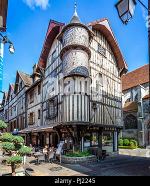 Turreted medieval bakers house in historic centre of Troyes with half timbered buildings in Troyes, Aube, France on 31 August 2018 Stock Photo