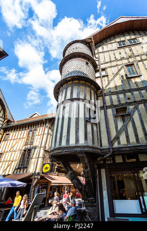 Turreted medieval bakers house in historic centre of Troyes with half timbered buildings in Troyes, Aube, France on 31 August 2018 Stock Photo