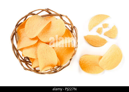 heap of potato chips in wicker basket on white background close-up. Stock Photo