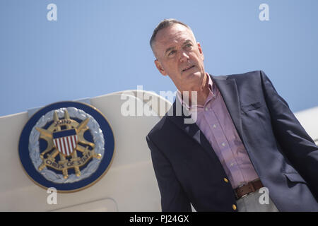 Athens, Greece, Greece. 3rd Sep, 2018. Marine Corps Gen. Joe Dunford, chairman of the Joint Chiefs of Staff, disembarks a C-32 aircraft after arriving in Athens, Greece, Sept. 3, 2018. (DOD photo by U.S. Navy Petty Officer 1st Class Dominique A. Pineiro) US Joint Staff via globallookpress.com Credit: Us Joint Staff/Russian Look/ZUMA Wire/Alamy Live News Stock Photo