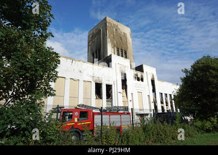 Liverpool, UK. 3rd Sep 2018. The fire at the former Littlwoods Pools building on Edge Lane in Liverpool was finally put out in the early hours of Monday morning, 3rd Septmeber, 2018 after it started around 8pm on the previous evening of Sunday, 2nd September. There was extensive damage to one wing of the building but the outer shell of the building remains intact. The building was built in 1938 by Sir John Moores. Photo taken on Monday afternoon. Credit: Pak Hung Chan/Alamy Live News Stock Photo