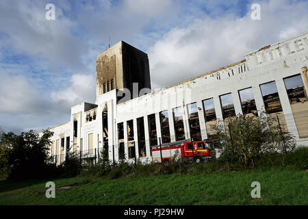 Liverpool, UK. 3rd Sep 2018. The fire at the former Littlwoods Pools building on Edge Lane in Liverpool was finally put out in the early hours of Monday morning, 3rd Septmeber, 2018 after it started around 8pm on the previous evening of Sunday, 2nd September. There was extensive damage to one wing of the building but the outer shell of the building remains intact. The building was built in 1938 by Sir John Moores. Photo taken on Monday afternoon. Credit: Pak Hung Chan/Alamy Live News Stock Photo