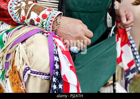 Southhampton, United States of America. 03rd, Sep 2018. Detail of the Native American hand weaved clothing 72nd annual Shinnecock Indian Powwow over the Labour Day weekend in Southampton Long Island New York in Southhampton, United States of America, 03 September 2018. (PHOTO) Alejandro Sala/Alamy News Stock Photo