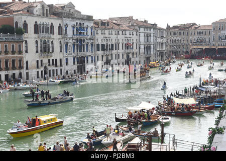Venice, Italy. 02nd Sep, 2018. 02.09.2018, Italy, Venice: Boats of the 'Regata Storica' of the Historic Regatta 2018 can be seen in the Canale Grande. Credit: Felix Hörhager/dpa/Alamy Live News Stock Photo