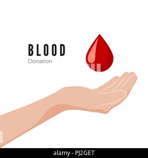 Blood Donation Concept. World blood donor day. Hand and red drop symbol of volunteer blood donation. Vector illustration isolated on white background Stock Vector