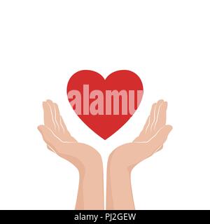 Love care Icon. Two hands with red heart. Vector illustration Stock Vector