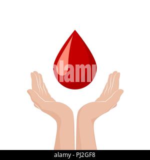 Two hands donate blood. World blood donor day concept. Red drop symbol of volunteer blood donation. Vector illustration isolated on white background Stock Vector