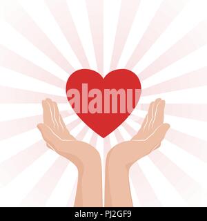 Love care Icon. Two hands with red heart and red rays on white background. Vector illustration Stock Vector