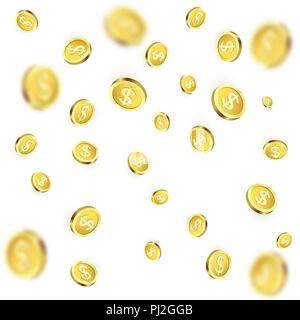 Falling golden coins isolated on transparent background. Shiny metal dollar rain. Casino jackpot win. 3D Golden Coins Background. Vector illustration Stock Vector
