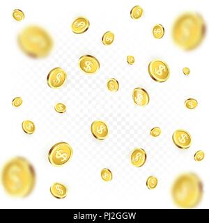 Rain of golden coins. Falling or flying money. Realistic gold coin on transparent background. Bingo jackpot or casino poker or win element. Cash treas Stock Vector