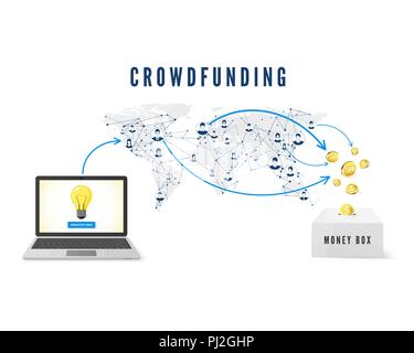 Crowdfunding concept. Start up idea launch. People from global network donating money for Business Idea and help develop project. vector illustration Stock Vector